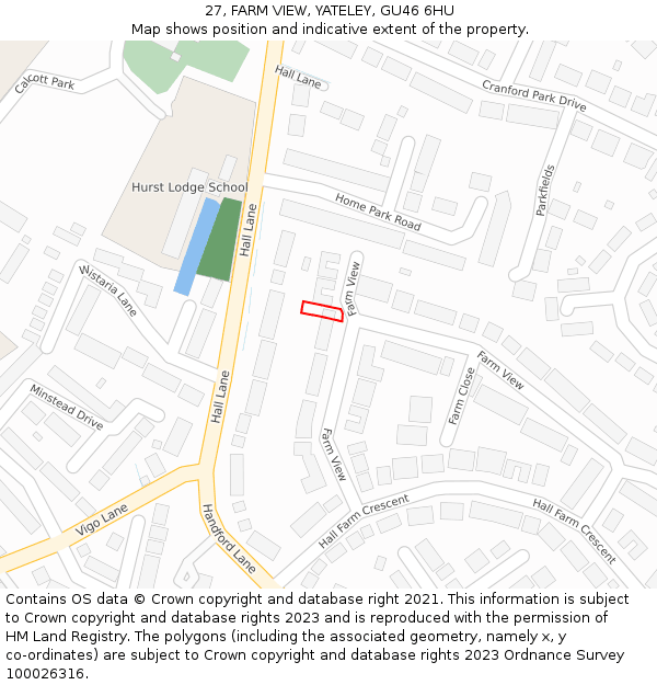 27, FARM VIEW, YATELEY, GU46 6HU: Location map and indicative extent of plot