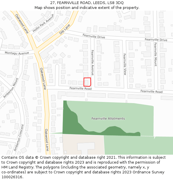 27, FEARNVILLE ROAD, LEEDS, LS8 3DQ: Location map and indicative extent of plot