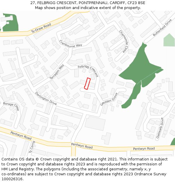 27, FELBRIGG CRESCENT, PONTPRENNAU, CARDIFF, CF23 8SE: Location map and indicative extent of plot