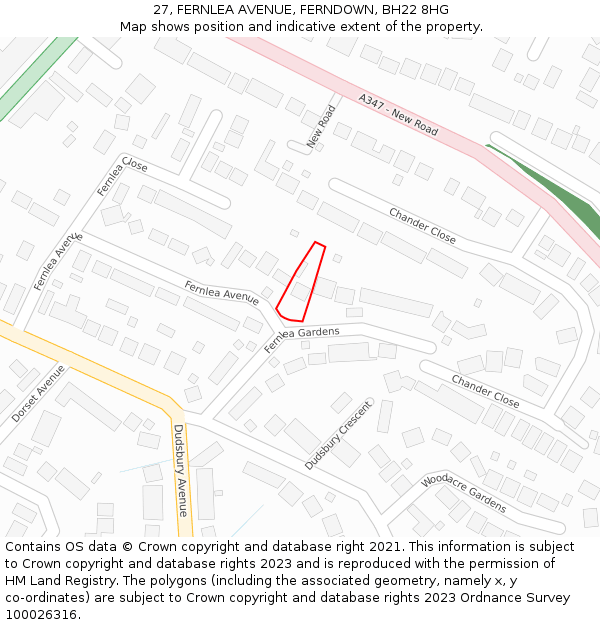 27, FERNLEA AVENUE, FERNDOWN, BH22 8HG: Location map and indicative extent of plot