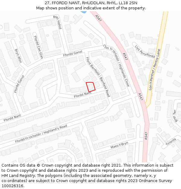 27, FFORDD NANT, RHUDDLAN, RHYL, LL18 2SN: Location map and indicative extent of plot