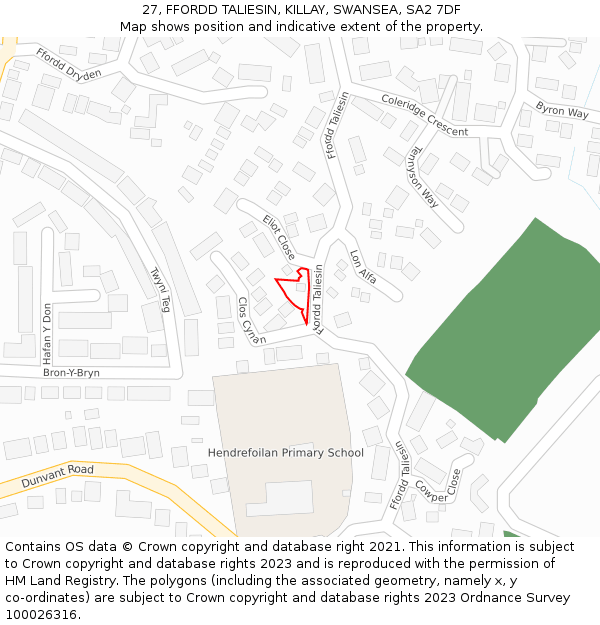 27, FFORDD TALIESIN, KILLAY, SWANSEA, SA2 7DF: Location map and indicative extent of plot