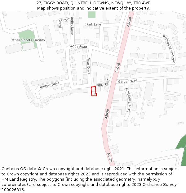 27, FIGGY ROAD, QUINTRELL DOWNS, NEWQUAY, TR8 4WB: Location map and indicative extent of plot