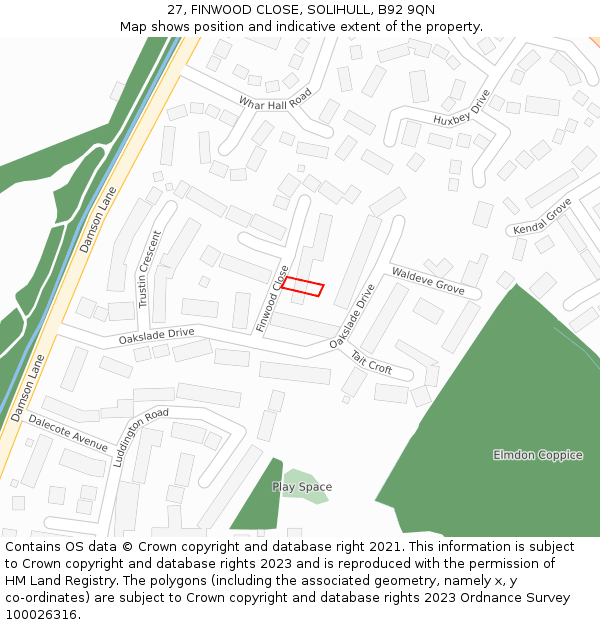 27, FINWOOD CLOSE, SOLIHULL, B92 9QN: Location map and indicative extent of plot