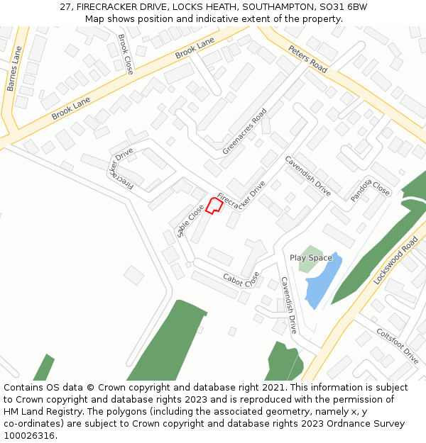 27, FIRECRACKER DRIVE, LOCKS HEATH, SOUTHAMPTON, SO31 6BW: Location map and indicative extent of plot