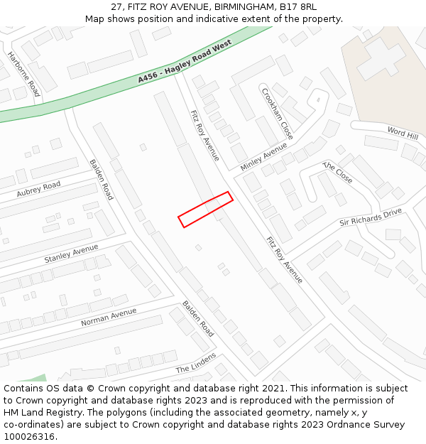 27, FITZ ROY AVENUE, BIRMINGHAM, B17 8RL: Location map and indicative extent of plot