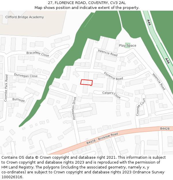 27, FLORENCE ROAD, COVENTRY, CV3 2AL: Location map and indicative extent of plot