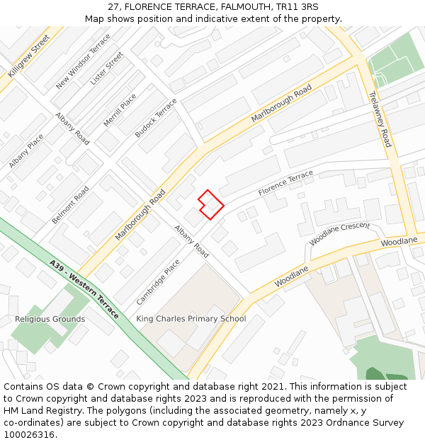 27, FLORENCE TERRACE, FALMOUTH, TR11 3RS: Location map and indicative extent of plot