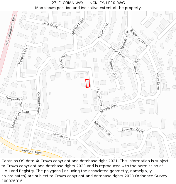 27, FLORIAN WAY, HINCKLEY, LE10 0WG: Location map and indicative extent of plot