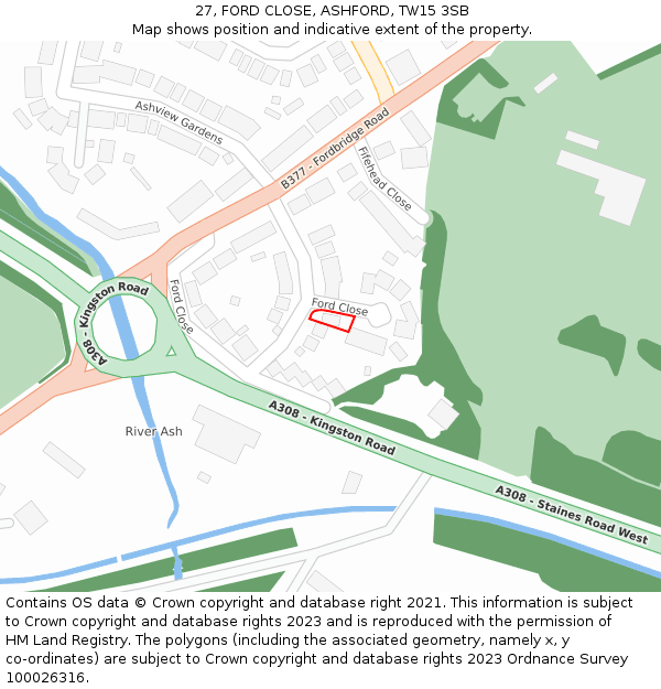 27, FORD CLOSE, ASHFORD, TW15 3SB: Location map and indicative extent of plot