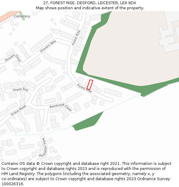 27, FOREST RISE, DESFORD, LEICESTER, LE9 9DX: Location map and indicative extent of plot