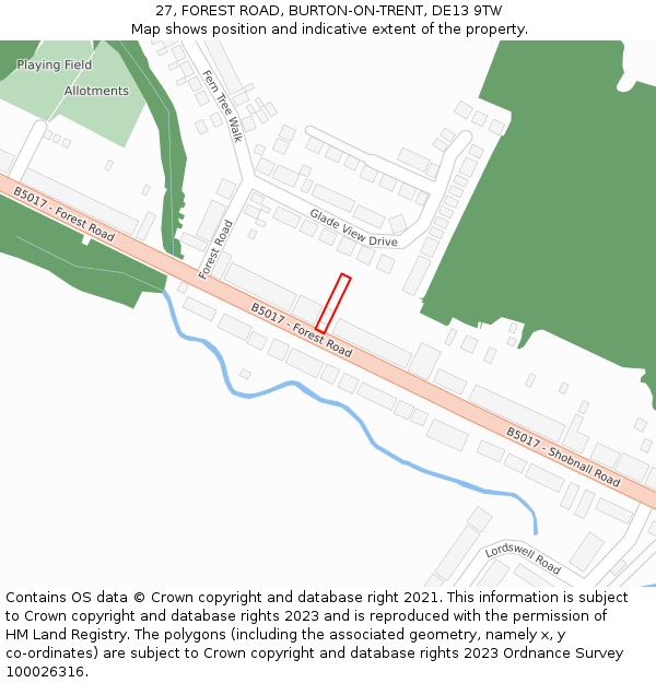 27, FOREST ROAD, BURTON-ON-TRENT, DE13 9TW: Location map and indicative extent of plot