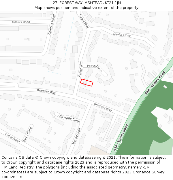 27, FOREST WAY, ASHTEAD, KT21 1JN: Location map and indicative extent of plot