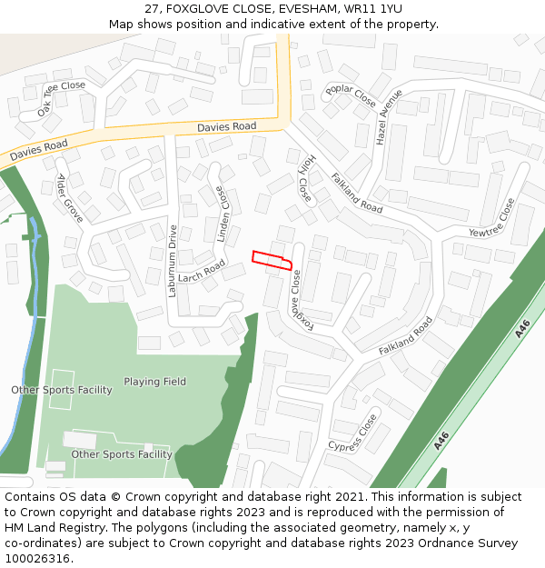 27, FOXGLOVE CLOSE, EVESHAM, WR11 1YU: Location map and indicative extent of plot