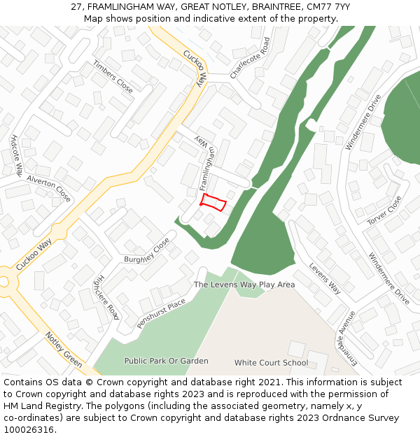 27, FRAMLINGHAM WAY, GREAT NOTLEY, BRAINTREE, CM77 7YY: Location map and indicative extent of plot