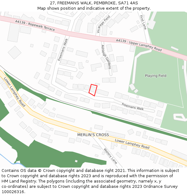 27, FREEMANS WALK, PEMBROKE, SA71 4AS: Location map and indicative extent of plot