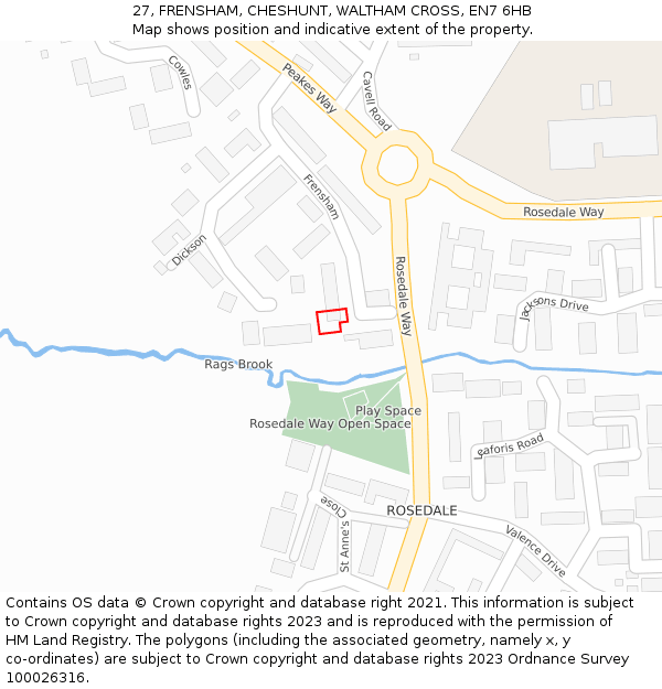 27, FRENSHAM, CHESHUNT, WALTHAM CROSS, EN7 6HB: Location map and indicative extent of plot