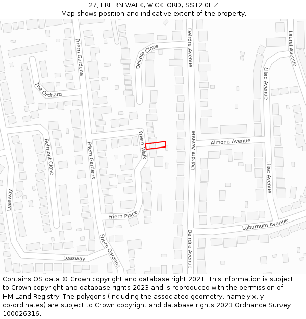 27, FRIERN WALK, WICKFORD, SS12 0HZ: Location map and indicative extent of plot