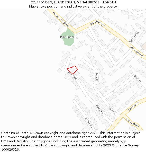 27, FRONDEG, LLANDEGFAN, MENAI BRIDGE, LL59 5TN: Location map and indicative extent of plot