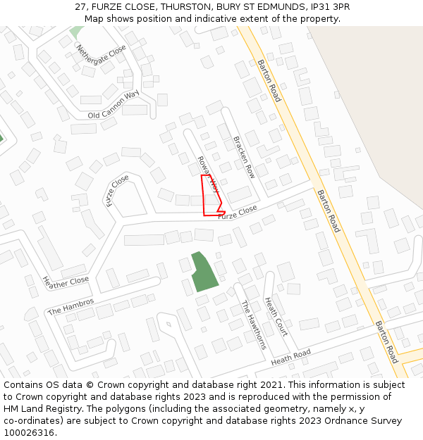 27, FURZE CLOSE, THURSTON, BURY ST EDMUNDS, IP31 3PR: Location map and indicative extent of plot