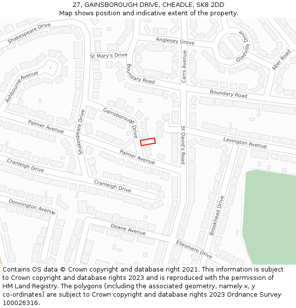 27, GAINSBOROUGH DRIVE, CHEADLE, SK8 2DD: Location map and indicative extent of plot