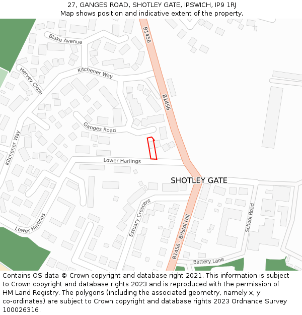 27, GANGES ROAD, SHOTLEY GATE, IPSWICH, IP9 1RJ: Location map and indicative extent of plot