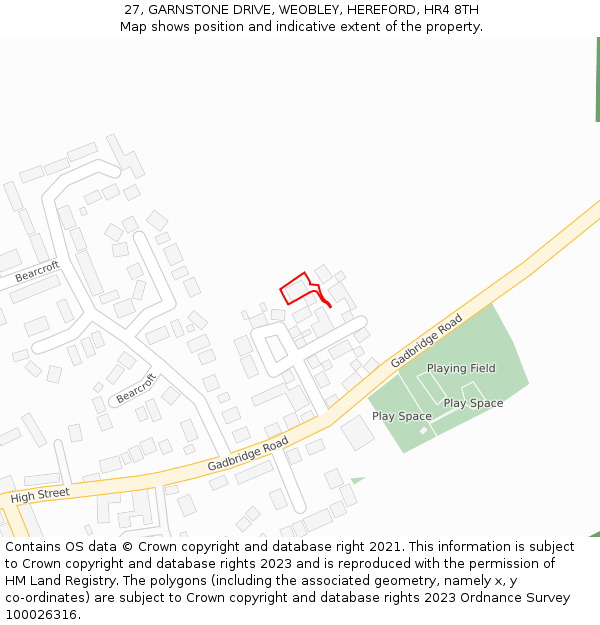 27, GARNSTONE DRIVE, WEOBLEY, HEREFORD, HR4 8TH: Location map and indicative extent of plot