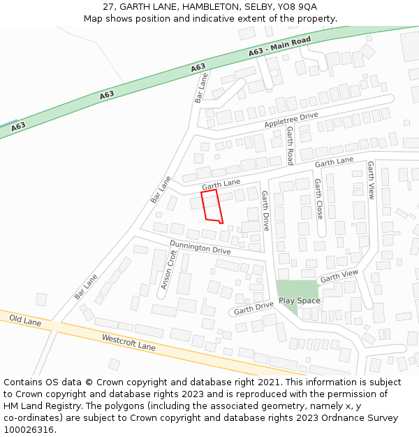 27, GARTH LANE, HAMBLETON, SELBY, YO8 9QA: Location map and indicative extent of plot