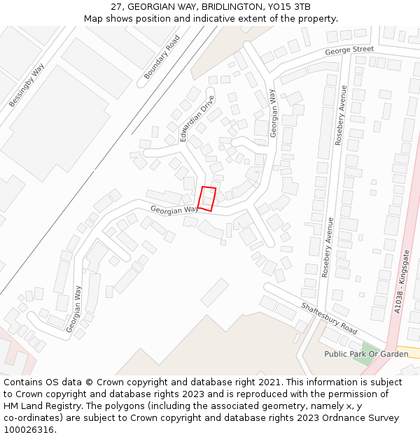 27, GEORGIAN WAY, BRIDLINGTON, YO15 3TB: Location map and indicative extent of plot