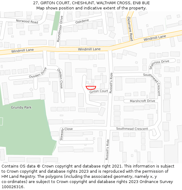 27, GIRTON COURT, CHESHUNT, WALTHAM CROSS, EN8 8UE: Location map and indicative extent of plot