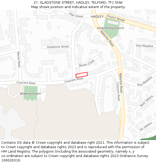 27, GLADSTONE STREET, HADLEY, TELFORD, TF1 5NW: Location map and indicative extent of plot