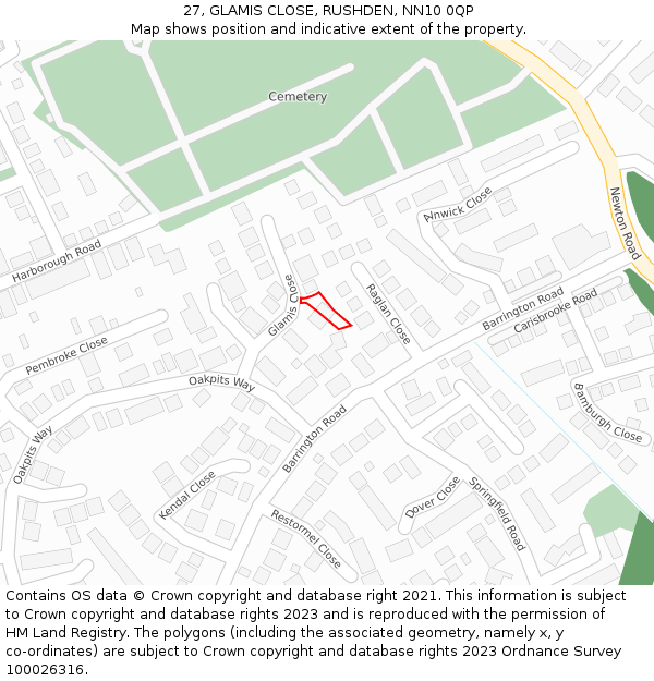 27, GLAMIS CLOSE, RUSHDEN, NN10 0QP: Location map and indicative extent of plot