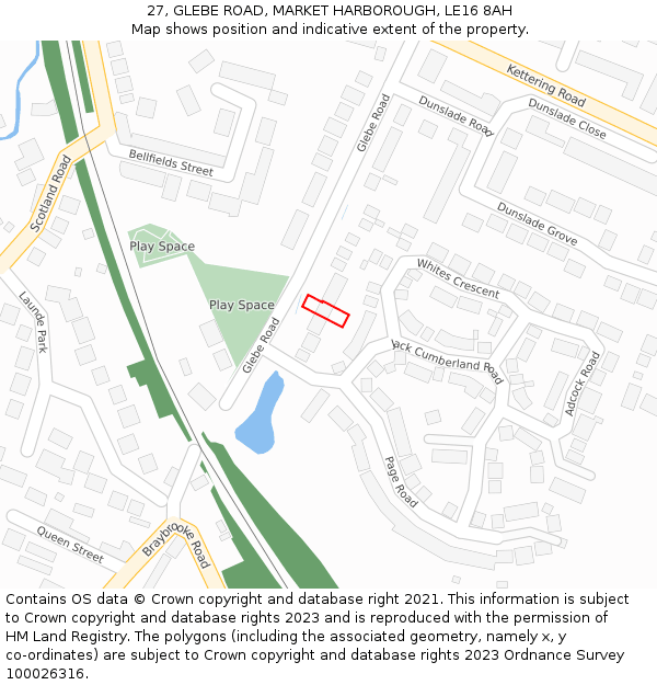 27, GLEBE ROAD, MARKET HARBOROUGH, LE16 8AH: Location map and indicative extent of plot