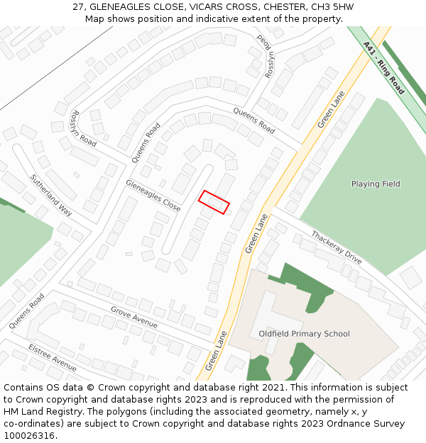 27, GLENEAGLES CLOSE, VICARS CROSS, CHESTER, CH3 5HW: Location map and indicative extent of plot