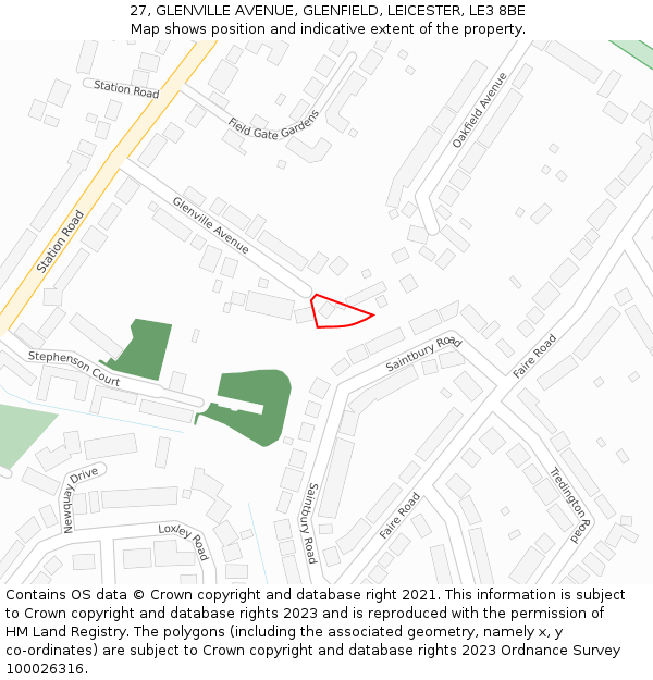 27, GLENVILLE AVENUE, GLENFIELD, LEICESTER, LE3 8BE: Location map and indicative extent of plot