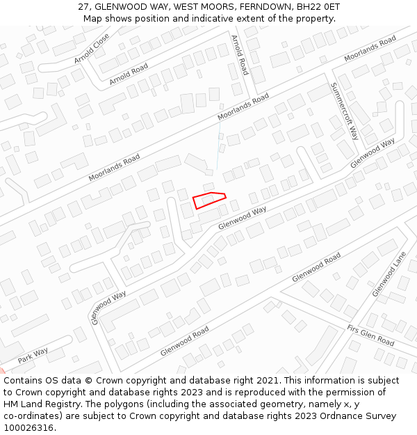 27, GLENWOOD WAY, WEST MOORS, FERNDOWN, BH22 0ET: Location map and indicative extent of plot