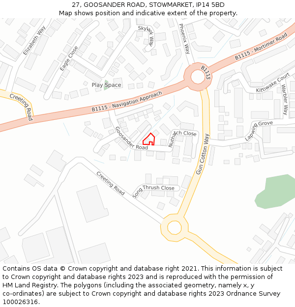 27, GOOSANDER ROAD, STOWMARKET, IP14 5BD: Location map and indicative extent of plot