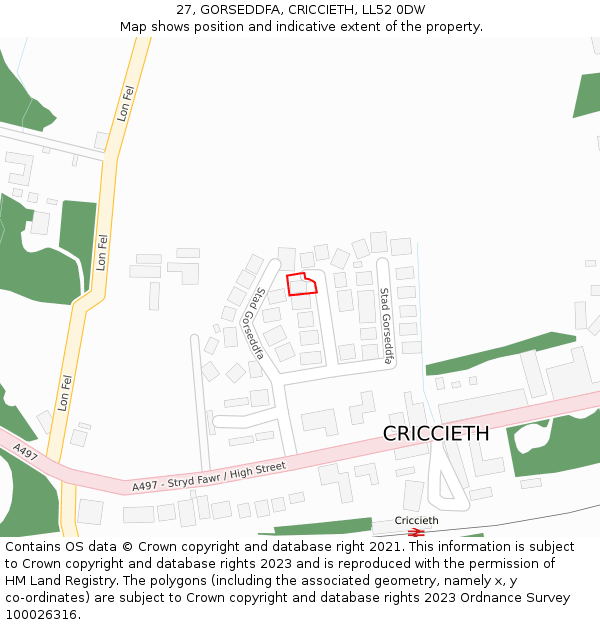 27, GORSEDDFA, CRICCIETH, LL52 0DW: Location map and indicative extent of plot