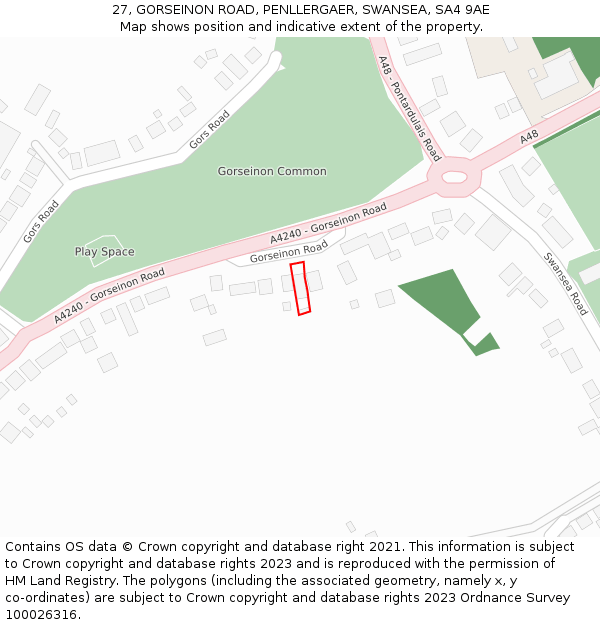 27, GORSEINON ROAD, PENLLERGAER, SWANSEA, SA4 9AE: Location map and indicative extent of plot