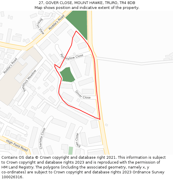 27, GOVER CLOSE, MOUNT HAWKE, TRURO, TR4 8DB: Location map and indicative extent of plot