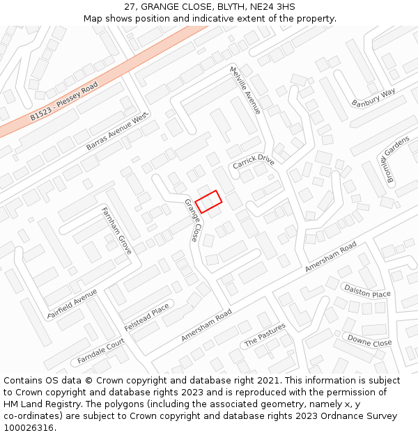 27, GRANGE CLOSE, BLYTH, NE24 3HS: Location map and indicative extent of plot