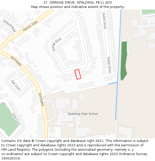 27, GRANGE DRIVE, SPALDING, PE11 2DX: Location map and indicative extent of plot