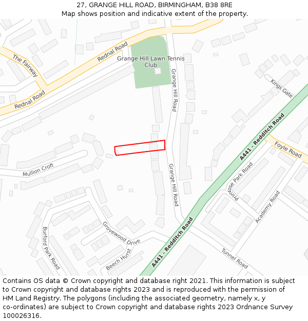 27, GRANGE HILL ROAD, BIRMINGHAM, B38 8RE: Location map and indicative extent of plot