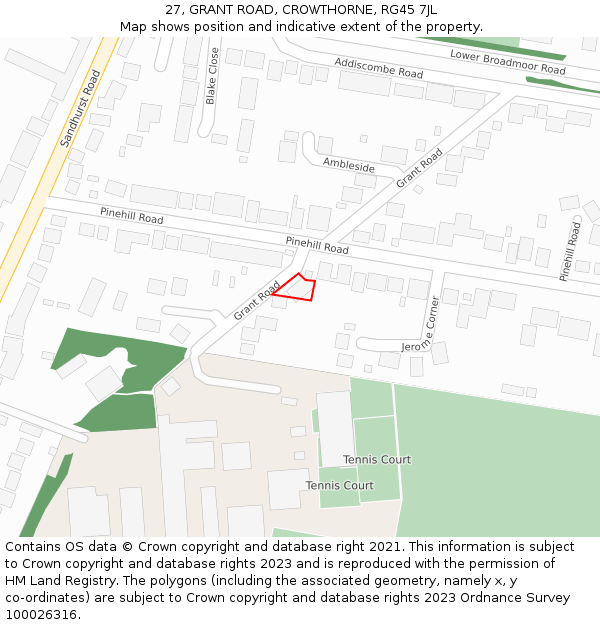 27, GRANT ROAD, CROWTHORNE, RG45 7JL: Location map and indicative extent of plot