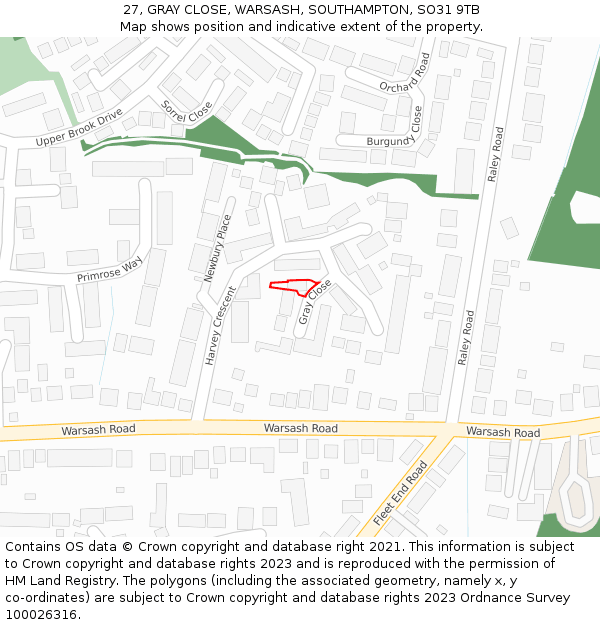 27, GRAY CLOSE, WARSASH, SOUTHAMPTON, SO31 9TB: Location map and indicative extent of plot