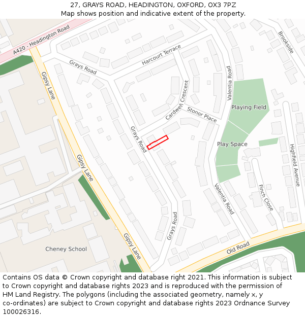 27, GRAYS ROAD, HEADINGTON, OXFORD, OX3 7PZ: Location map and indicative extent of plot