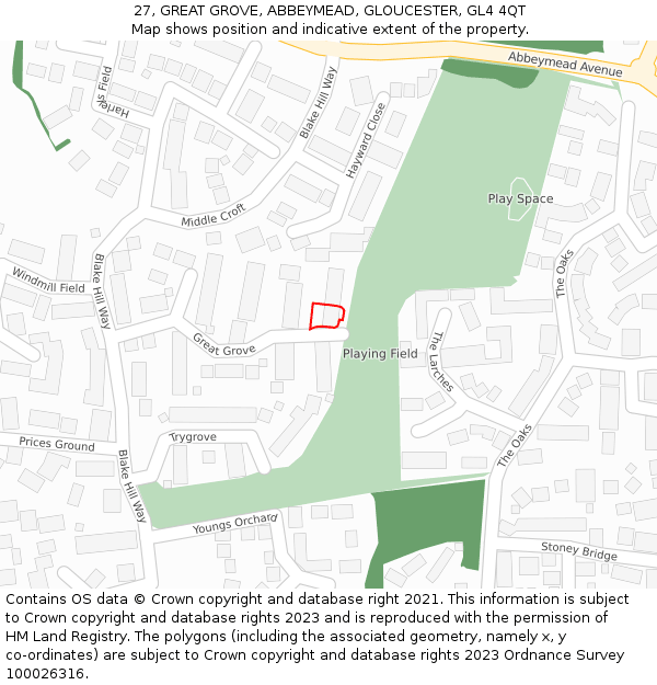 27, GREAT GROVE, ABBEYMEAD, GLOUCESTER, GL4 4QT: Location map and indicative extent of plot