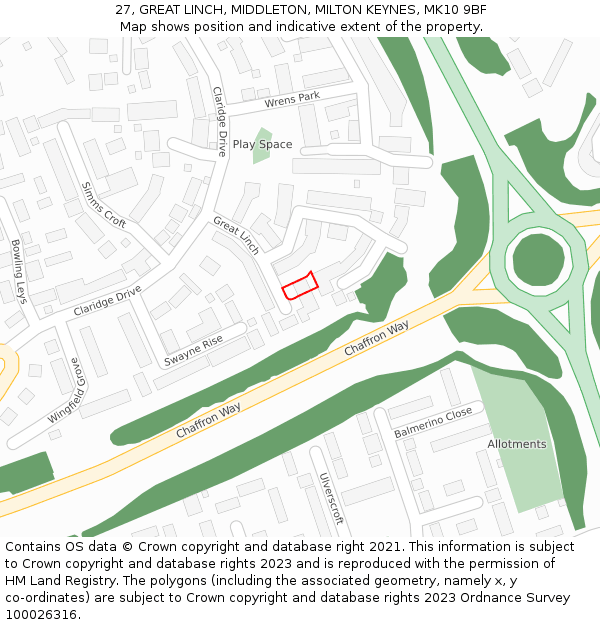 27, GREAT LINCH, MIDDLETON, MILTON KEYNES, MK10 9BF: Location map and indicative extent of plot