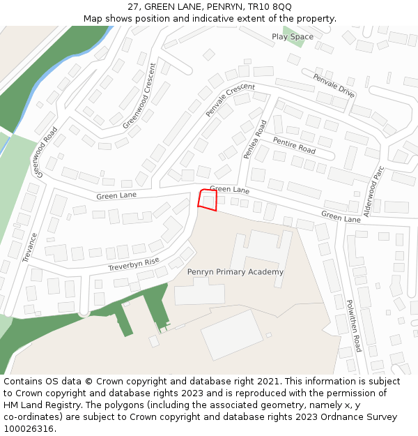 27, GREEN LANE, PENRYN, TR10 8QQ: Location map and indicative extent of plot