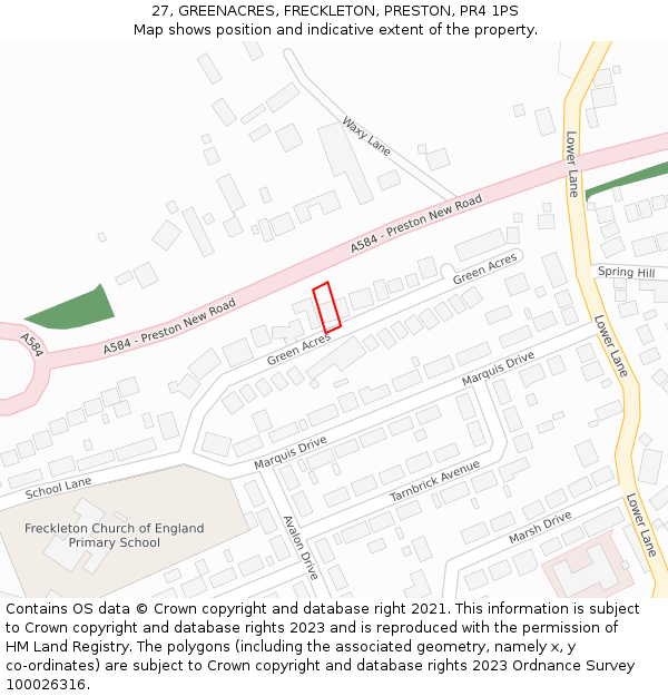 27, GREENACRES, FRECKLETON, PRESTON, PR4 1PS: Location map and indicative extent of plot